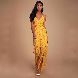 Lulus Sunshine Bouquet Yellow Floral Print Ruffled Maxi Dress Size Large